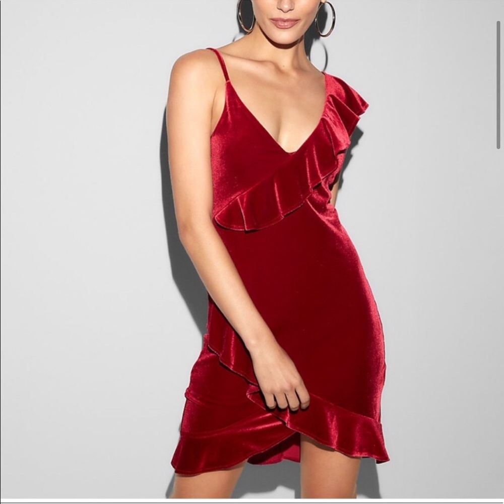 Express Ruffled Dress Velvet In Red